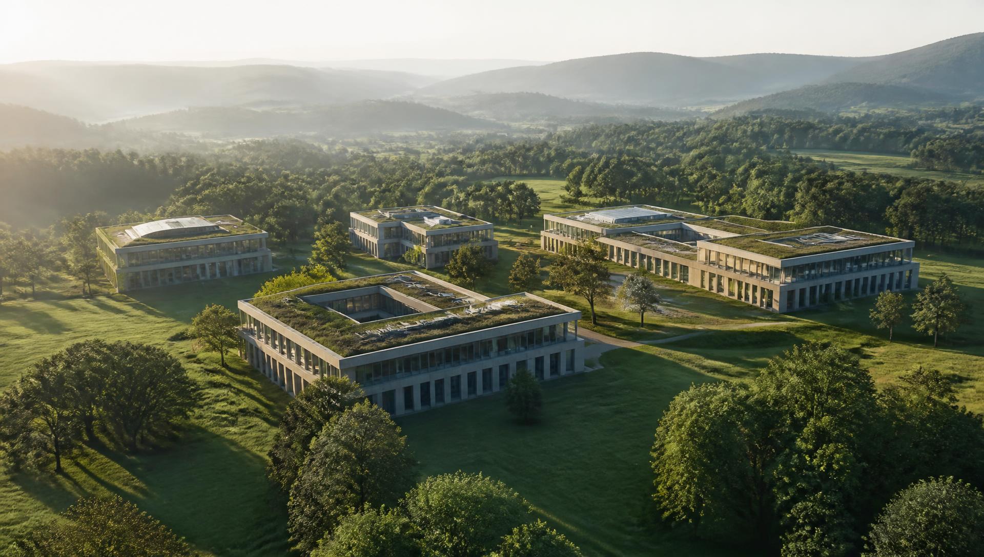 A modern business campus surrounded by green meadows and trees, representing long-term value creation.